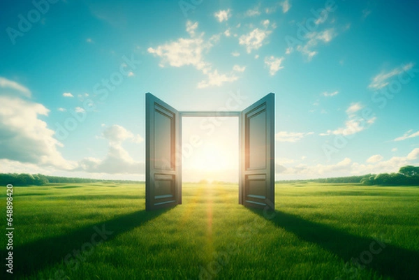Fototapeta Concept of opening doors to a hopeful, bright and promising future. Bright sky and wide green meadow.