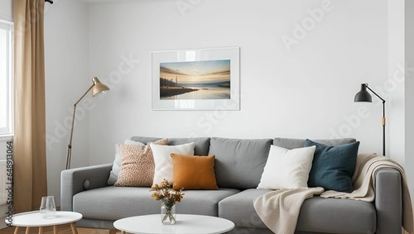 Fototapeta A living room with a modern sense.(home) A view with a sofa and a frame, with an autumn atmosphere, and a neat picture of the interior of the apartment. Generative AI