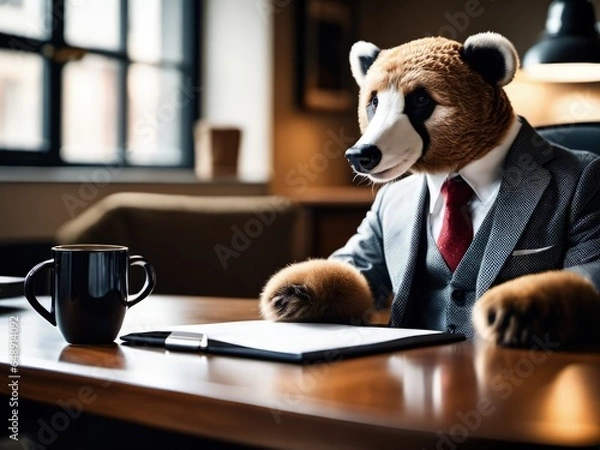 Fototapeta generative AI bear in the office Suited and Seated talking about business