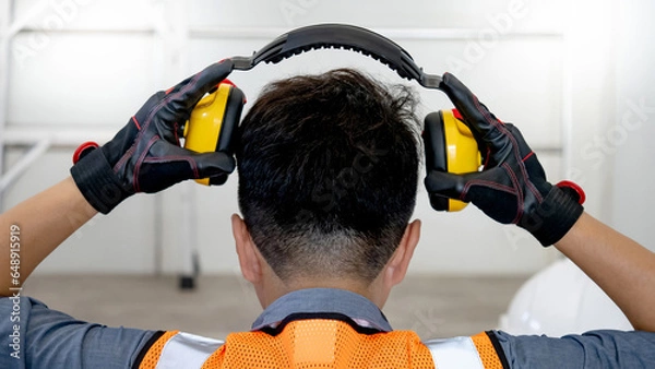 Obraz Back view of male worker with reflective orange vest and protective hand gloves pulling yellow safety ear muffs or ear protectors when wearing on his head. Equipment for high noise reduction