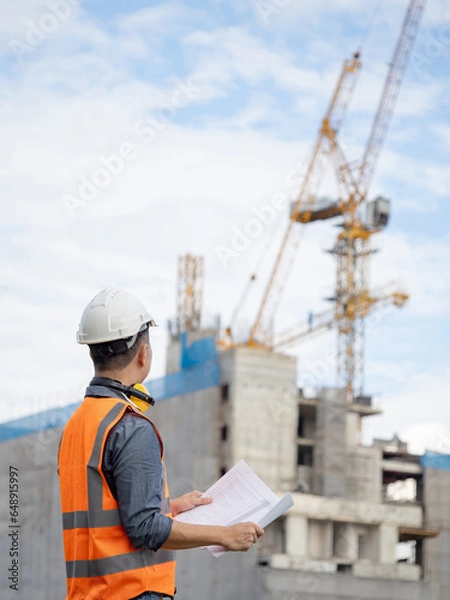 Obraz Male site engineer or foreman doing construction site inspection. Asian worker man with orange reflective vest and safety helmet checking blueprint and looking at building structure and tower crane