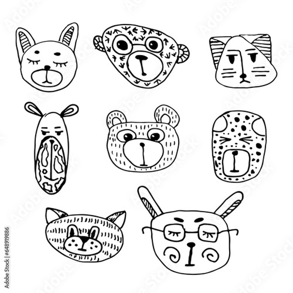 Fototapeta Cute outlined jungle and woodland animal faces coloring vector illustration. Coloring page, hand drawn doodle set of funny animal's faces.