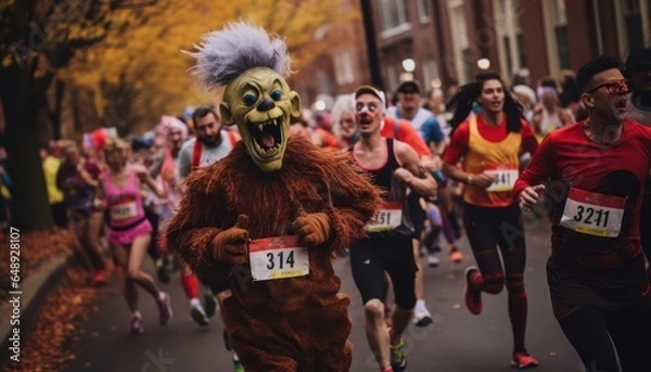 Obraz Photo of a group of halloween runners participating in a marathon race