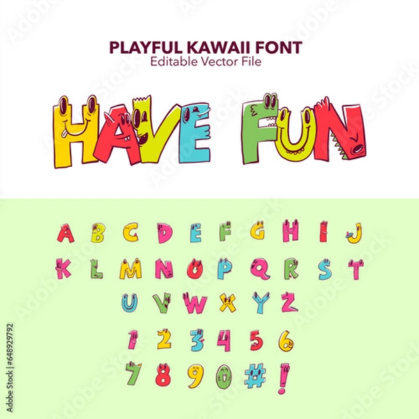 Fototapeta Kawaii letters set, cute font set. Playful font. Playful alphabet. Vector alphabet kid font