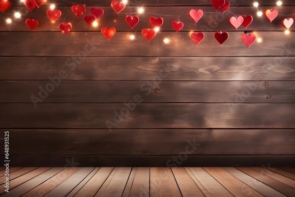 Fototapeta wooden deck table background with heart shape. Valentines day.