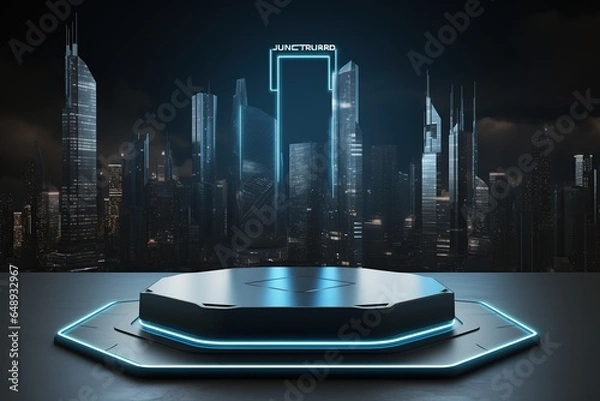 Fototapeta Cyberpunk podium futuristic city background on black carpet background, product display template ,Generative AI	