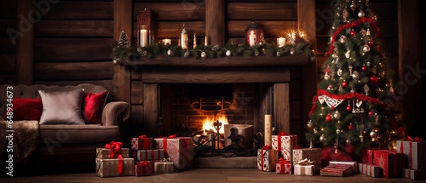 Fototapeta Fireplace with christmas decorations. View of the spacious living room with a fireplace and Christmas decorations. Generative AI