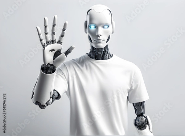 Fototapeta AI robot raises its hand to volunteer to do a job for you. Artificial intelligence robots raise their hands. machine AI bot working with people. revolution, humanoid