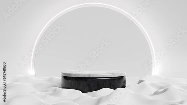 Fototapeta Circular Podium on Black Marquina Marble Texture on Top of Soft Fabric with Bright White Environment for Product Display or Product Presentation 3d Rendered