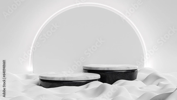 Fototapeta Circular Podium on Black Marquina Marble Texture on Top of Soft Fabric with Bright White Environment for Product Display or Product Presentation 3d Rendered