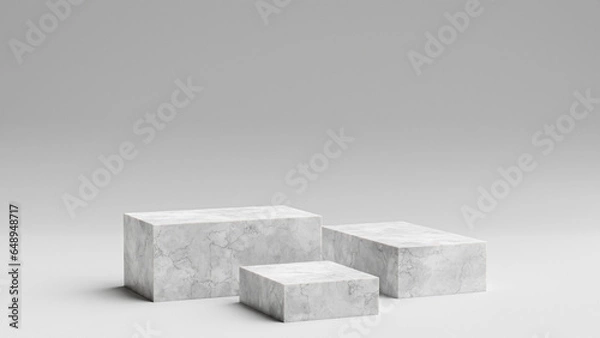 Fototapeta Cubic Podium or Pedestal with Marble Texture on Gray Color Vibe for Clean Product Presentation or Product Display 3d Rendered
