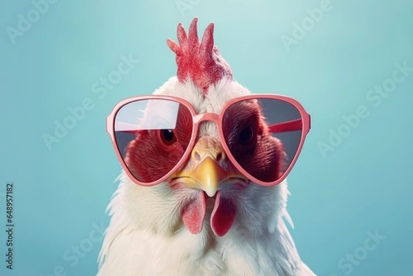 Fototapeta Portrait of a white rooster wearing sunglasses on a blue background. ai generative