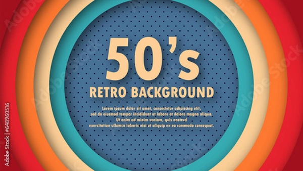 Fototapeta Abstract 1950's colorful background with circles element and retro colors. Realistic design in futuristic retro 50s style. Vector funky illustration.