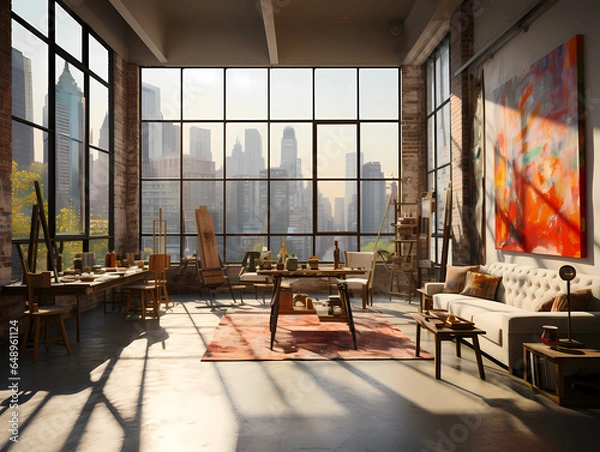 Fototapeta Large open space art studio with city view industrial brick wall loft.