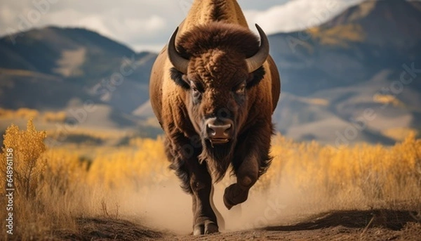Obraz Photo of a majestic bison sprinting down a dusty road