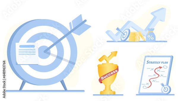Obraz Business ideas collection set. Goal setting, upward arrow, strategy planning, competition, opportunity, creativity for business success and growth. Flat vector design illustration.