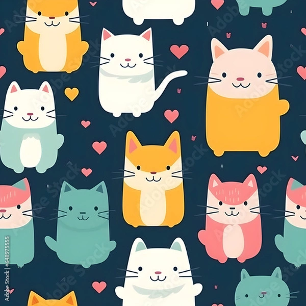 Fototapeta Cartoon cat pattern, cute, bright colors, looks fun, fabric pattern, gift wrapping paper. Generative AI