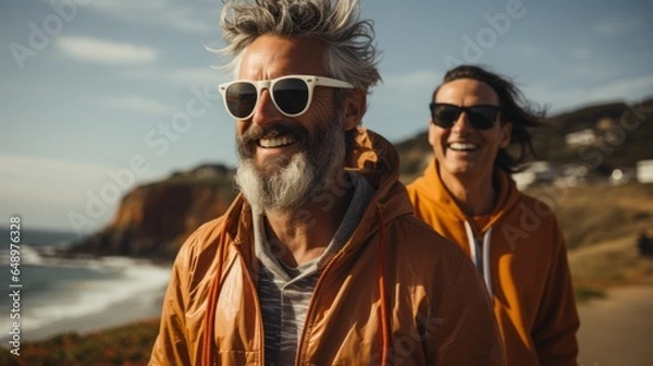 Fototapeta a fine-looking elderly couple walking along the coast