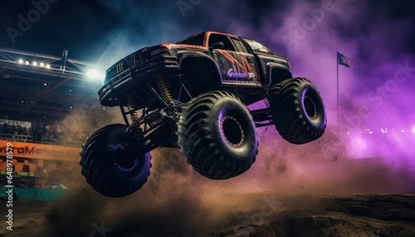Obraz Photo of a monster truck soaring through the sky above a rugged dirt field