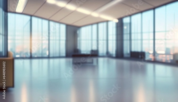 Fototapeta interior of office, Beautiful blurred background of a light modern office hall, panoramic windows and beautiful lighting