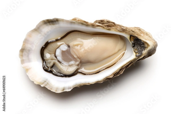 Obraz Freshly opened oyster isolated on white background, top view. Sea shell concept.generative ai
