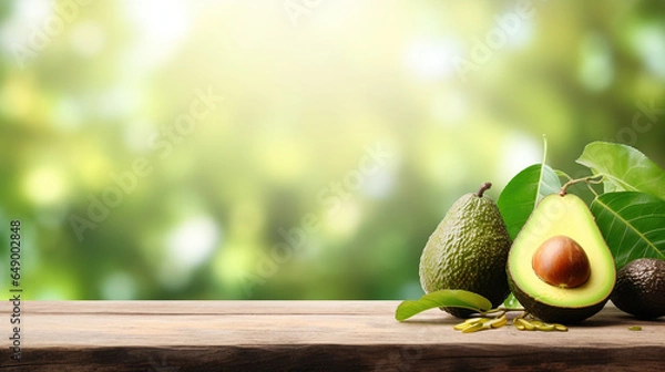 Fototapeta avocado on the wooden in blur green background