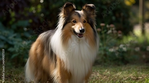 Fototapeta playful australian shepherd dog, shetland sheepdog  in the park, in the yard, on grass