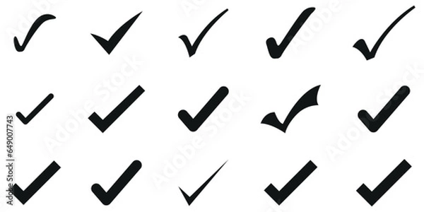 Obraz Check mark icons set. Check marks symbol collection. Simple check mark. Quality sign icon. Checklist symbols. Approval check flat style. Stock vector.