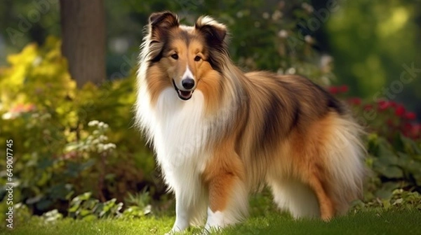 Fototapeta playful australian shepherd dog, shetland sheepdog  in the park, in the yard, on grass
