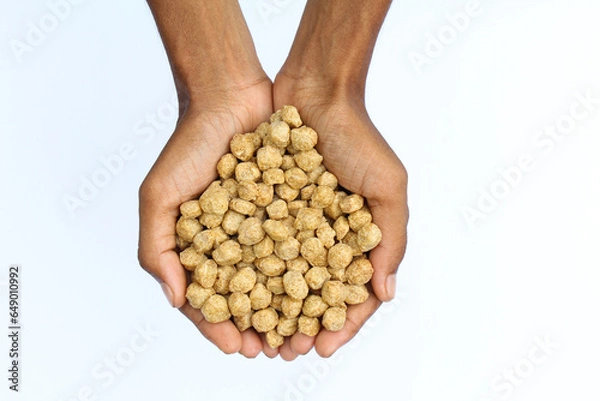 Obraz Holding some soya chunks in a hand top view 