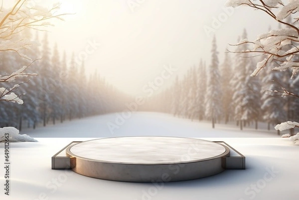 Obraz Podium with natural material On snow Background And Reflective Concrete With Empty Space For Text ,Generative AI