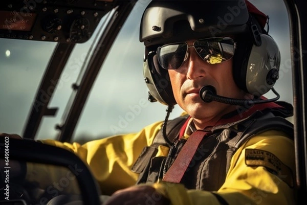 Fototapeta A man sitting in the pilot's seat of a helicopter. This image can be used to depict aviation, transportation, or adventure.