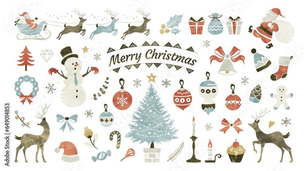 Obraz クリスマスの水彩イラストセット（レトロ＆アンティーク）
