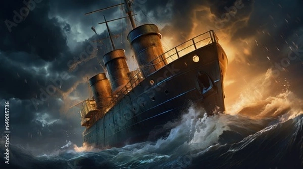 Fototapeta A ship in rough waters in an ominous sky