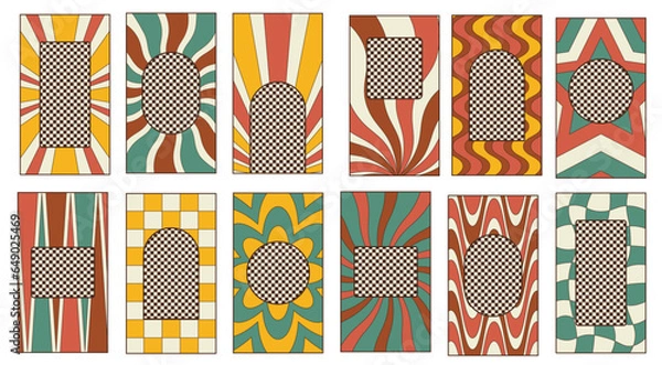 Fototapeta Instagram stories template with place for photo. Social media abstract retro aesthetic groovy set design pack 70s, 80s, 90s style.