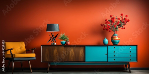 Fototapeta Modernes Sideboard im Retro Stil und wunderschöner Dekoration im Querformat für Banner, ai generativ