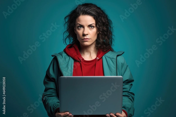 Fototapeta Woman is seen holding laptop while wearing green jacket. This image can be used to depict technology, remote work, or online communication.