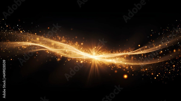 Fototapeta A luminous and radiant golden glitter light trail, resembling the sparkling and shining trace of a comet, featuring a captivating glare effect. This display of gold glittering magic emits a shimmering