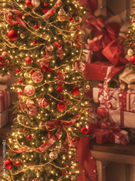 Obraz christmas tree and decorations View of beautifully decorated Christmas tree. Generative AI. free Stock Photo