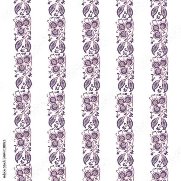 Obraz A vibrant purple and white striped wallpaper with a beautiful floral pattern, repeated seamless border