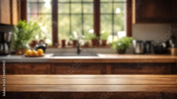 Obraz Empty wooden table set against a blurred rstic kitchen backdrop, ideal for product showcasing and presentation concept