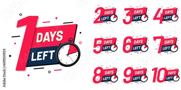 Fototapeta Day left numbers countdown collection vector reminder calendar template with clock label logo illustration. 0, 1, 2, 3, 4, 5, 6, 7, 8, 9,