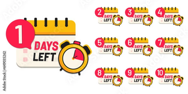 Fototapeta Day left numbers countdown collection vector reminder calendar template with clock label logo illustration. 0, 1, 2, 3, 4, 5, 6, 7, 8, 9,