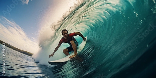 Fototapeta a surfboard, riding a wave, ocean spray, dynamic action shot