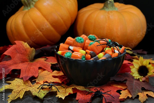 Obraz Halloween candy in a black bown surrouonded with pumpkins, leaves and spiders