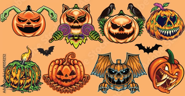 Fototapeta Scary Pumpkins Mega Bundle for Halloween Vector Set Halloween Background with Creepy Evil Smile Pumpkin Logos Illustration
