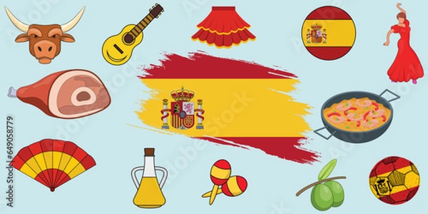 Fototapeta Spain Cliparts Elements for Spanish National Day with Spanish Flags and Abstract  Design Element Set, Spanish Flamenco Dance with Espania Food Icons and Traditions for Travel Lovers