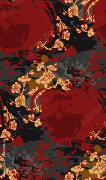 Obraz sakura dark red japanese chinese traditional vector illustration card background seamless pattern colorful watercolor ink textured