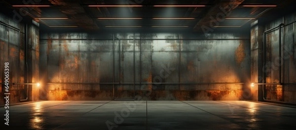 Fototapeta an empty abstract room with rusted metal and concrete Architectural background at night illuminated view