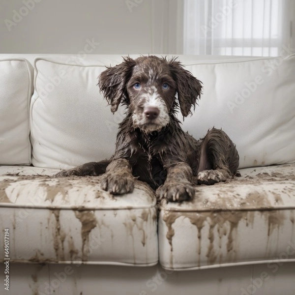 Fototapeta A dog covered in mud with a guilty face is sitting on a clean sofa couch, the sofa is now covered in mud, Generative AI